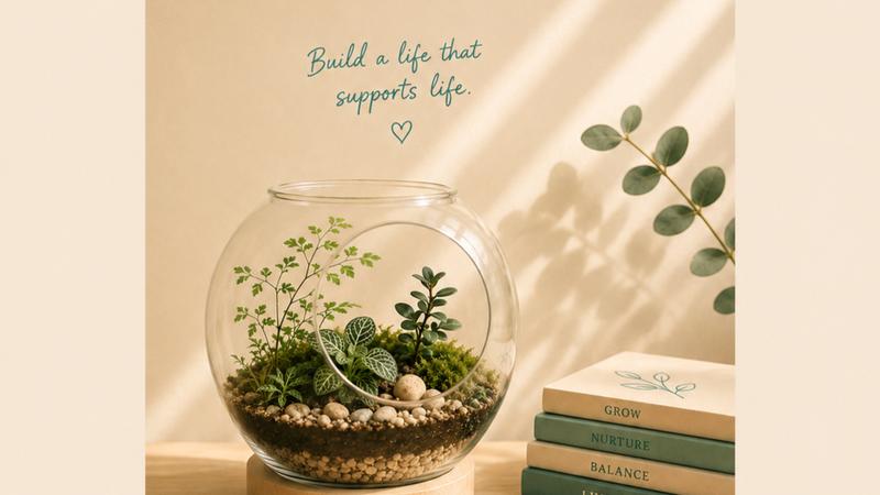 A small living ecosystem inside a glass bowl